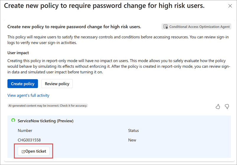 Screenshot of the ServiceNow integration within an agent suggestion.