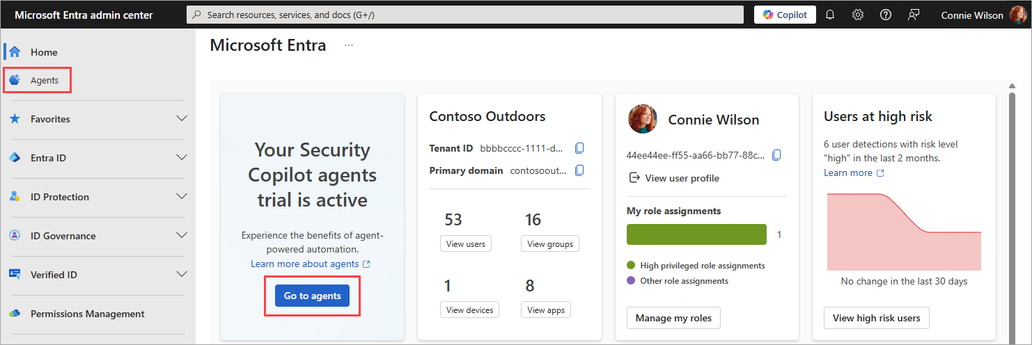 Screenshot of the Microsoft Entra admin center showcasing the new Security Copilot agents experience.
