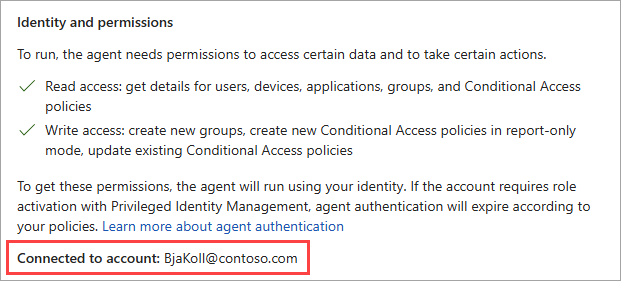 Screenshot of the identity and permissions section in the Conditional Access Optimization agent settings.