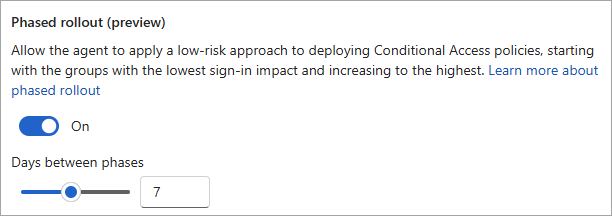 Screenshot of the phased rollout settings in the Conditional Access Optimization agent settings.