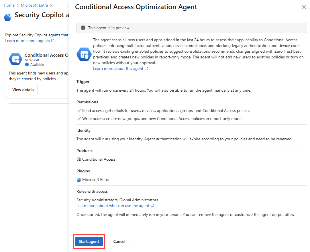 Screenshot showing the Conditional Access Optimization start agent page.