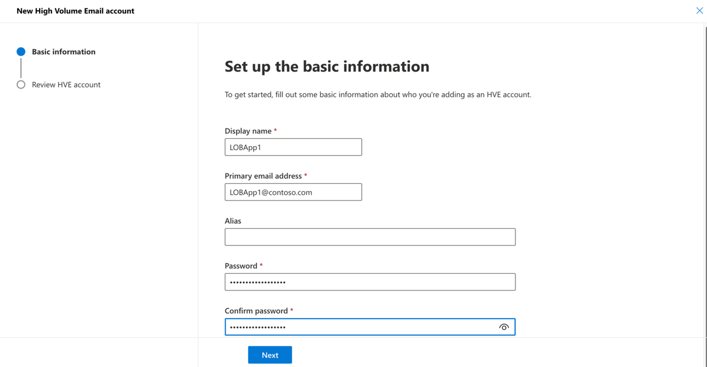 Screenshot of high volume email account basic information.