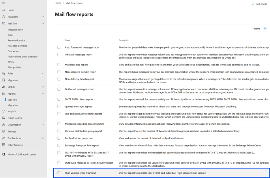 Screenshot of high volume email flow reports.