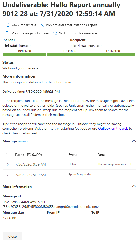 The details flyout that opens after clicking a row in the summary report message trace results in the new EAC.