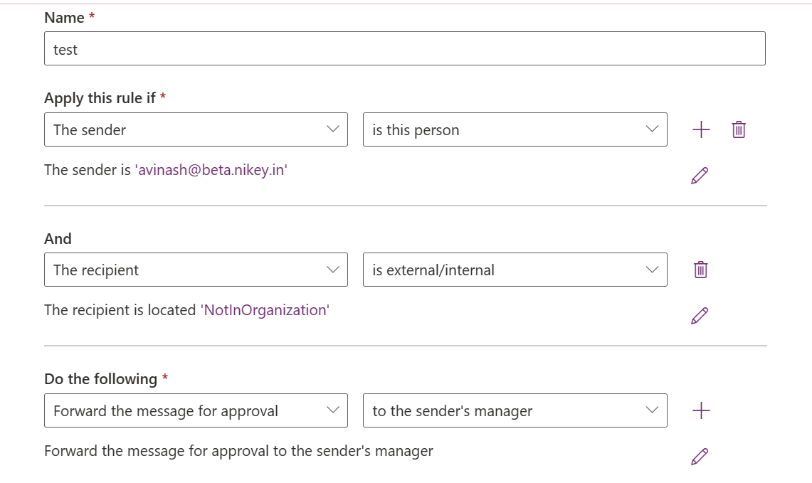 Screenshot that shows the rule that forwards messages to the user's manager.