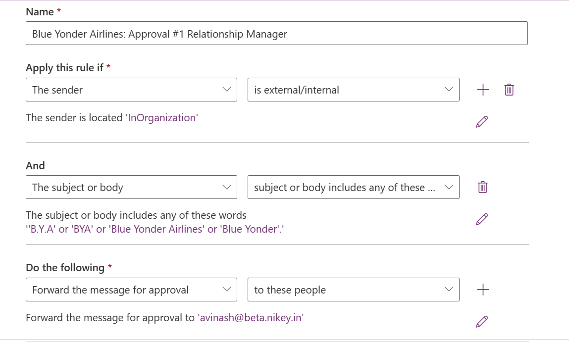Screenshot that shows the rule for first-level approver.