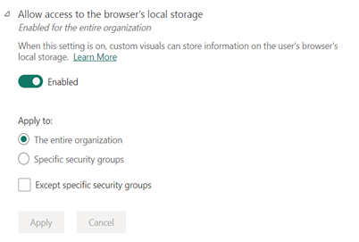 Screenshot of the local storage settings admin switch.