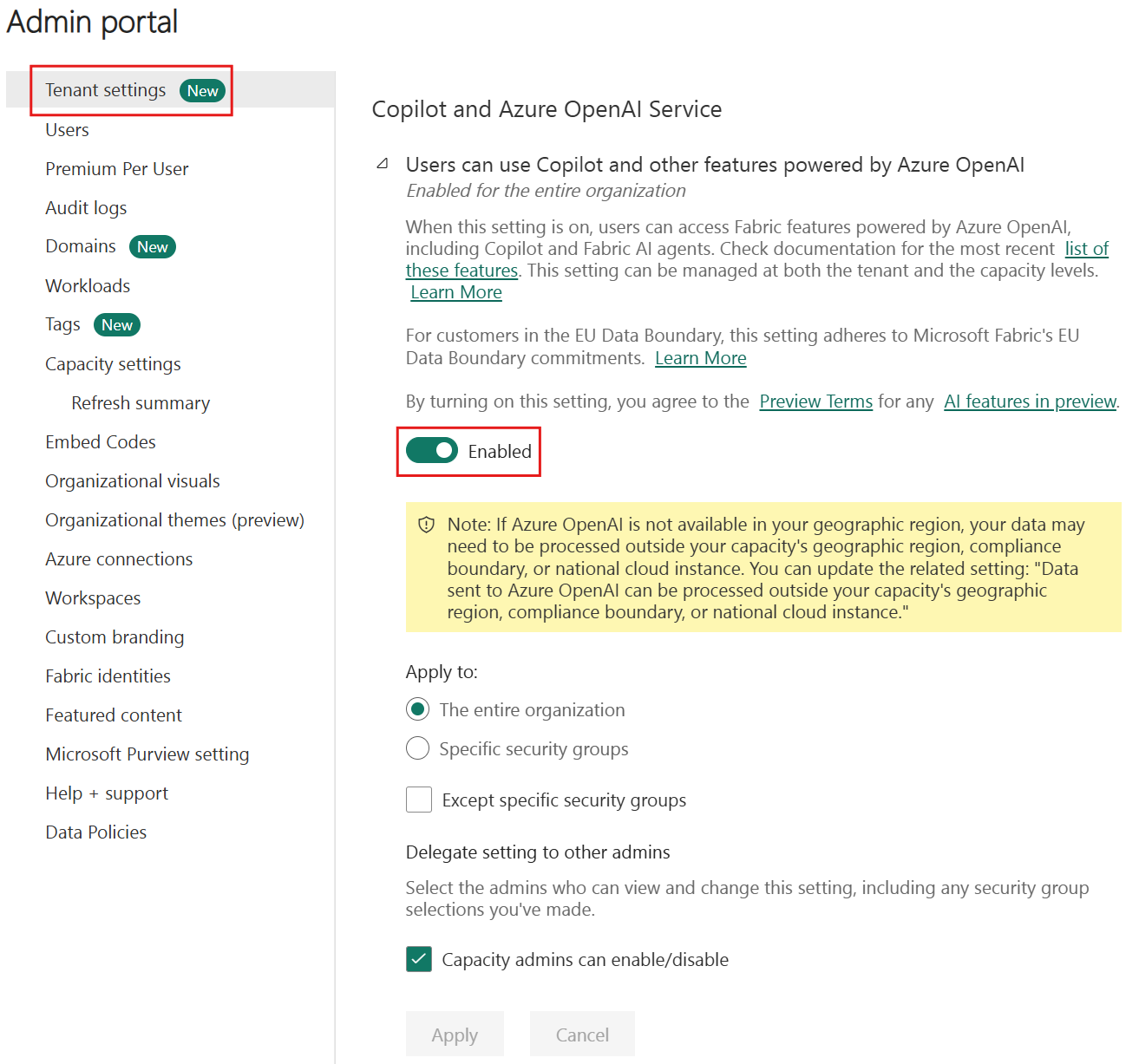 Screenshot showing the tenant setting where copilot can be enabled and disabled.