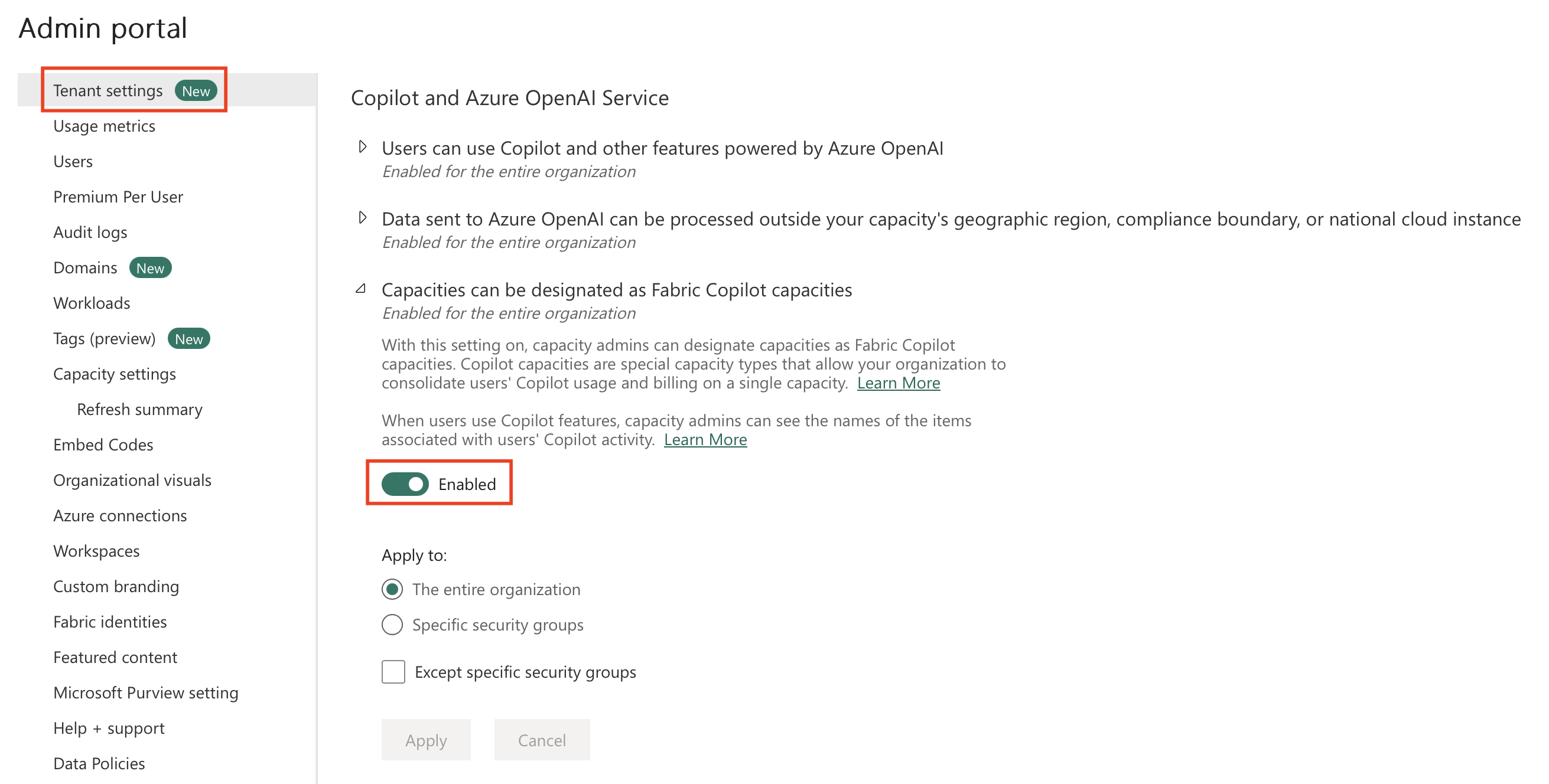 Screenshot showing the tenant setting for data storage outside the capacity's region.
