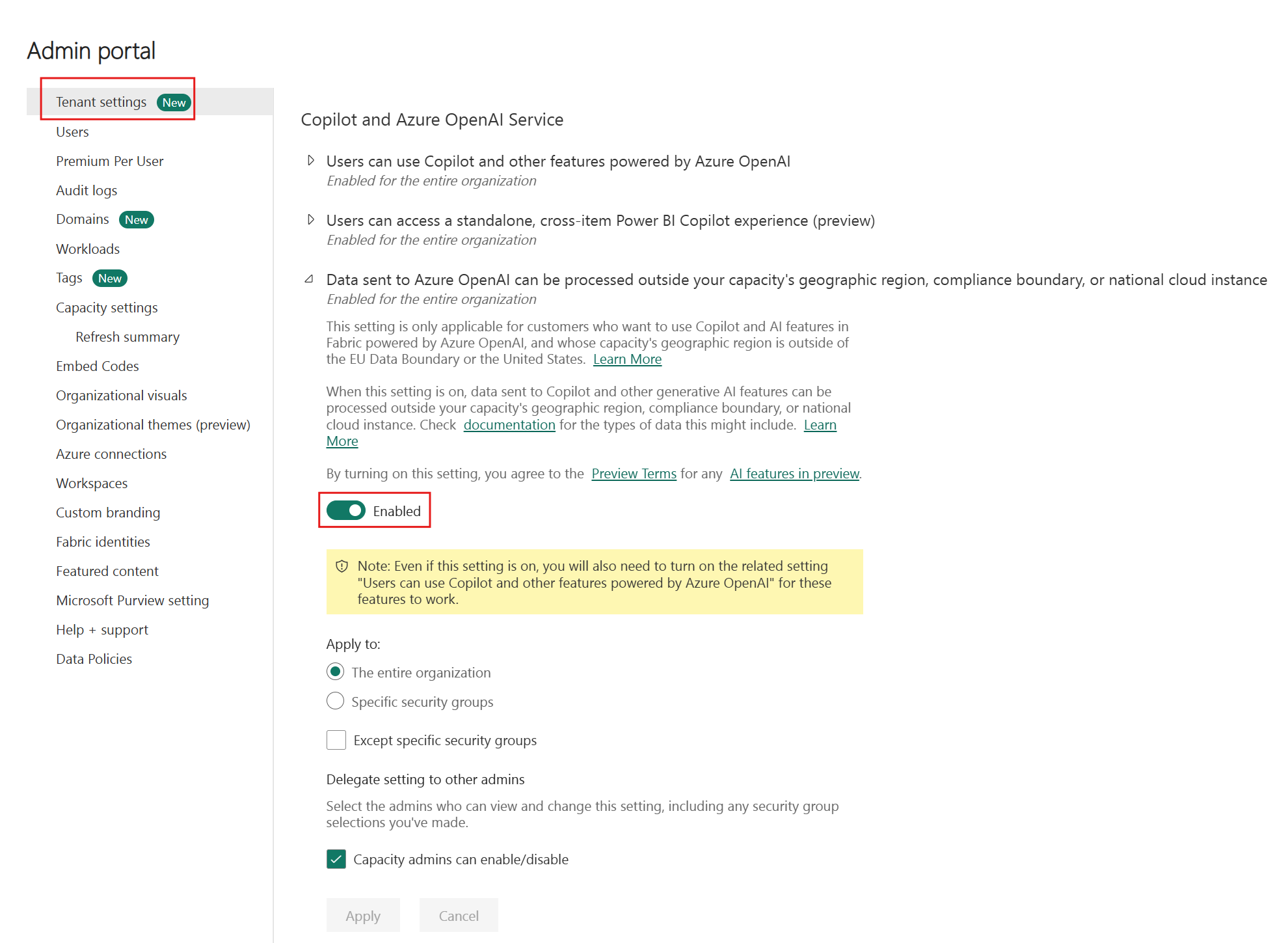 Screenshot showing the tenant setting for data processing outside the capacity's region.