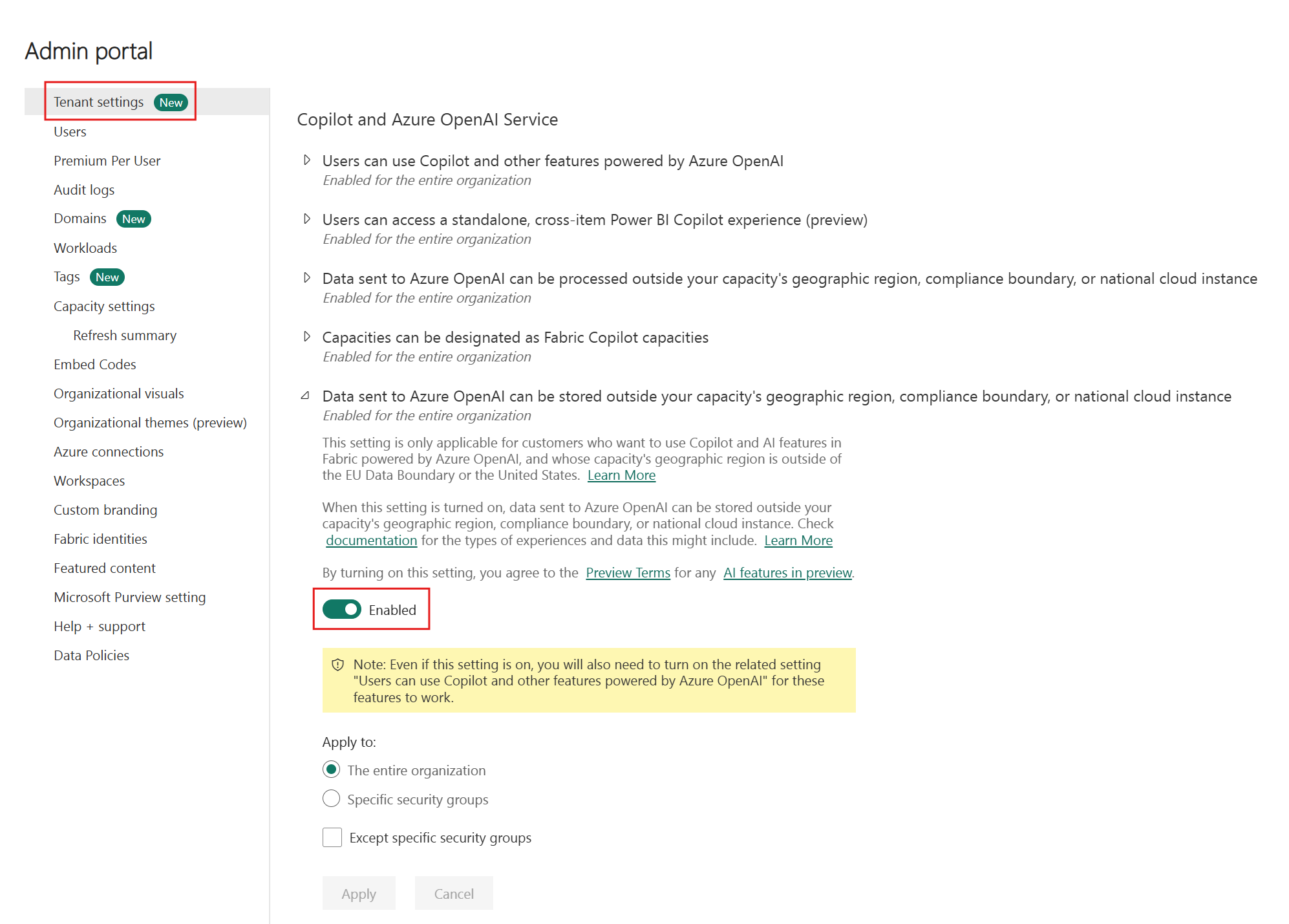 Screenshot of Fabric Copilot Storage setting in the admin portal.