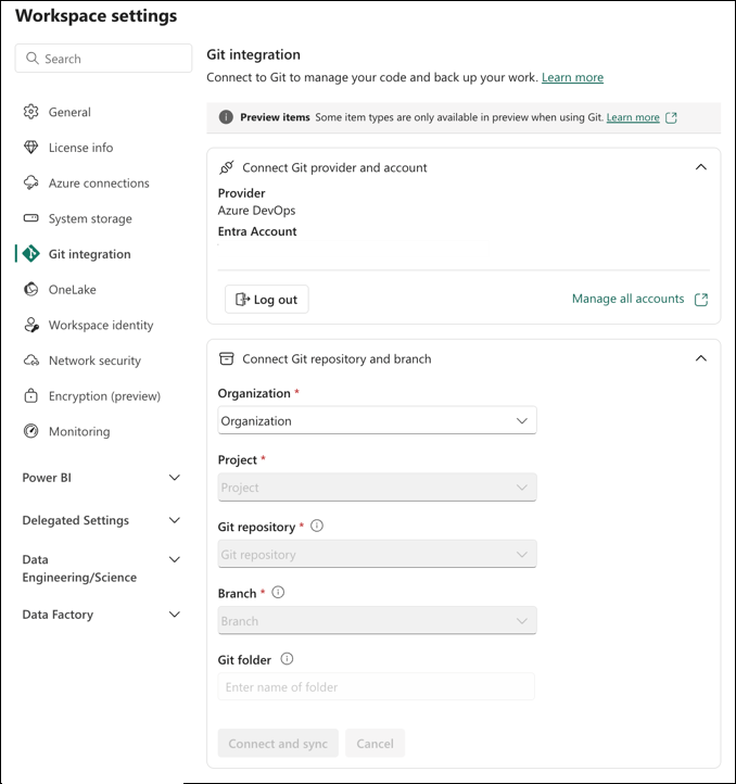 Screenshot to Azure connection.