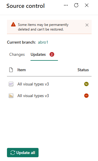 Screenshot of source control panel with the update tab open and the updating all button selected.