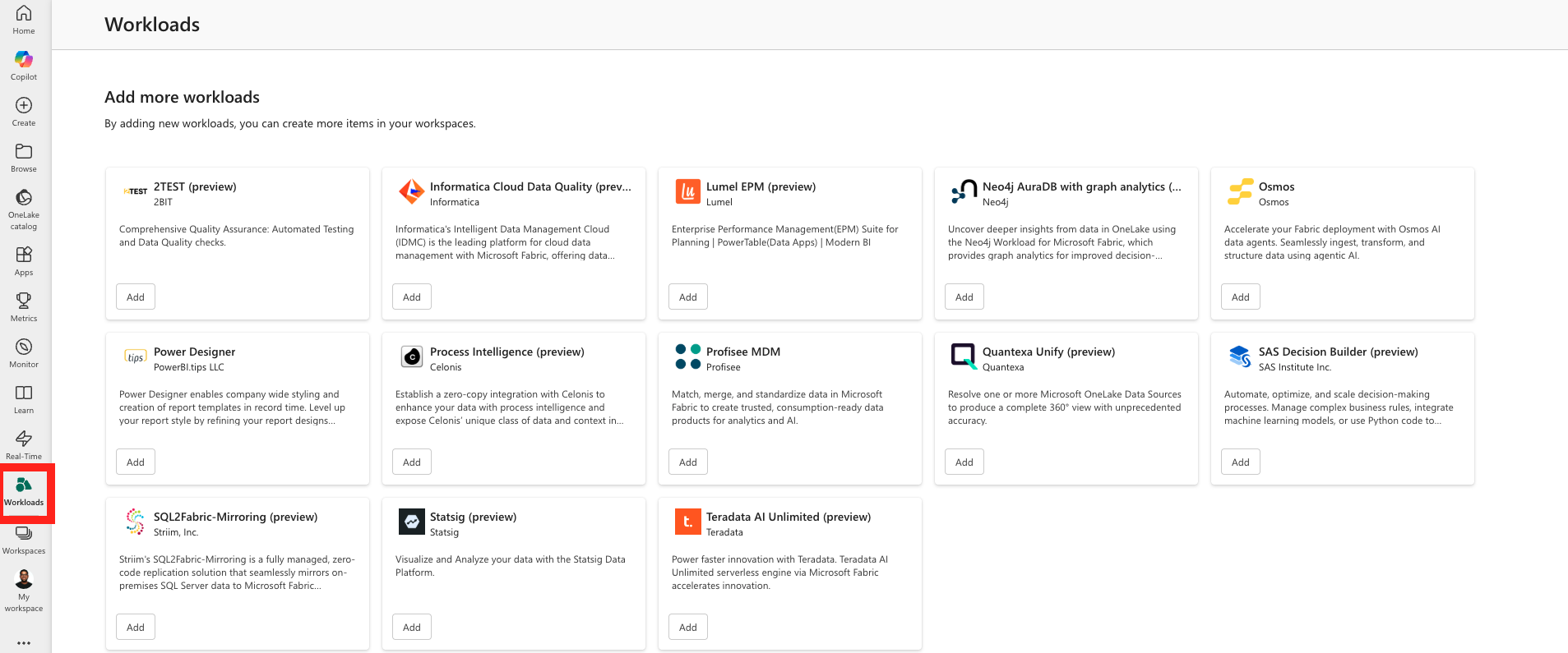 Screenshot showing Workload Hub.
