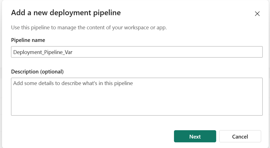 Screenshot of the pane for naming a new deployment pipeline.