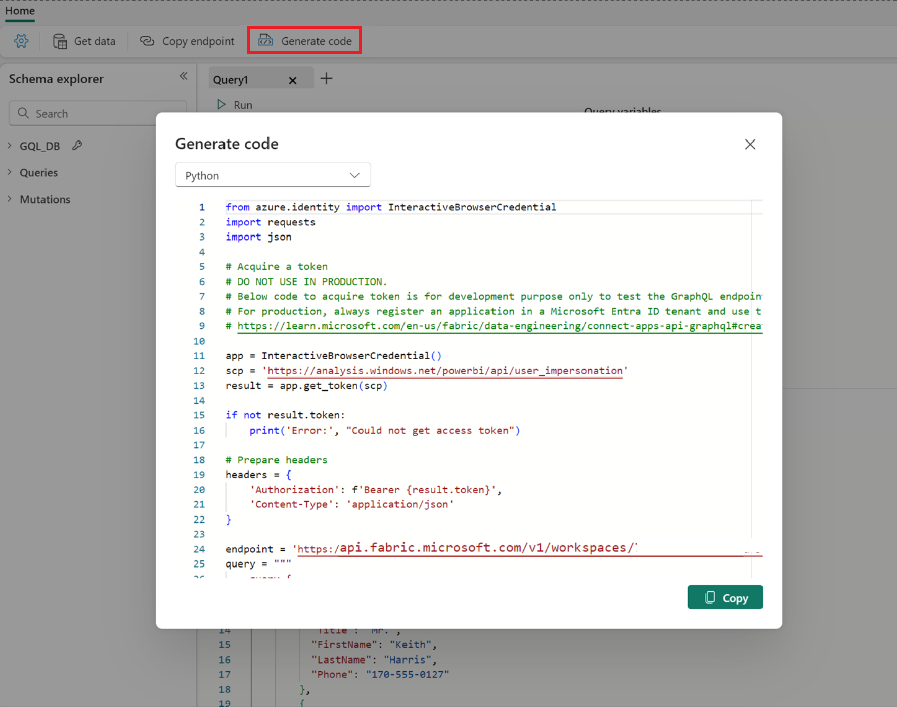 Screenshot of the API editor screen showing the how to generate code option.