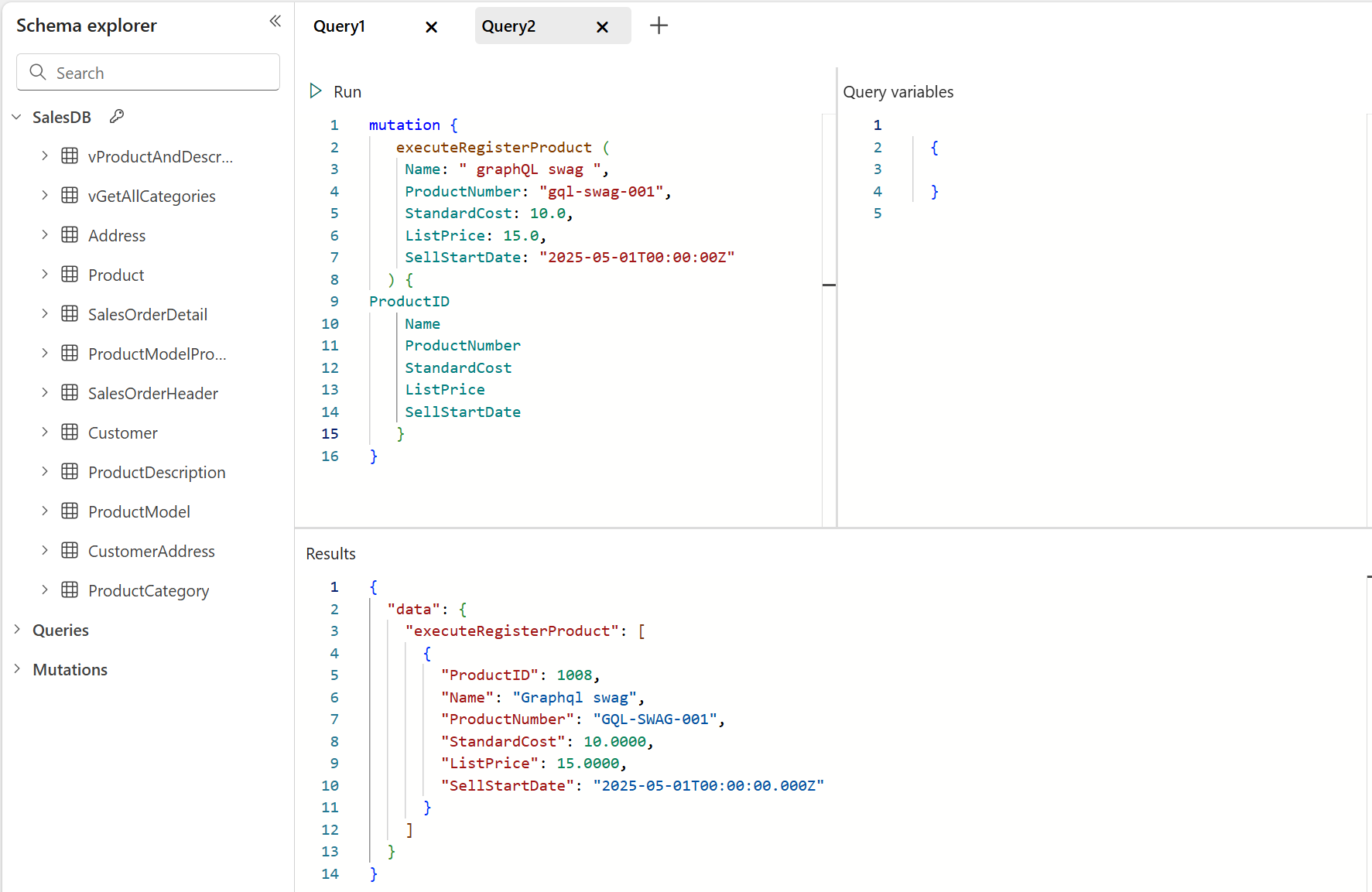 Mutation in the GraphQL API portal displaying the results.