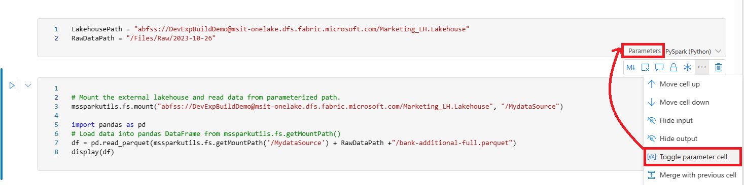Screenshot showing where to select the Toggle parameter cell option.