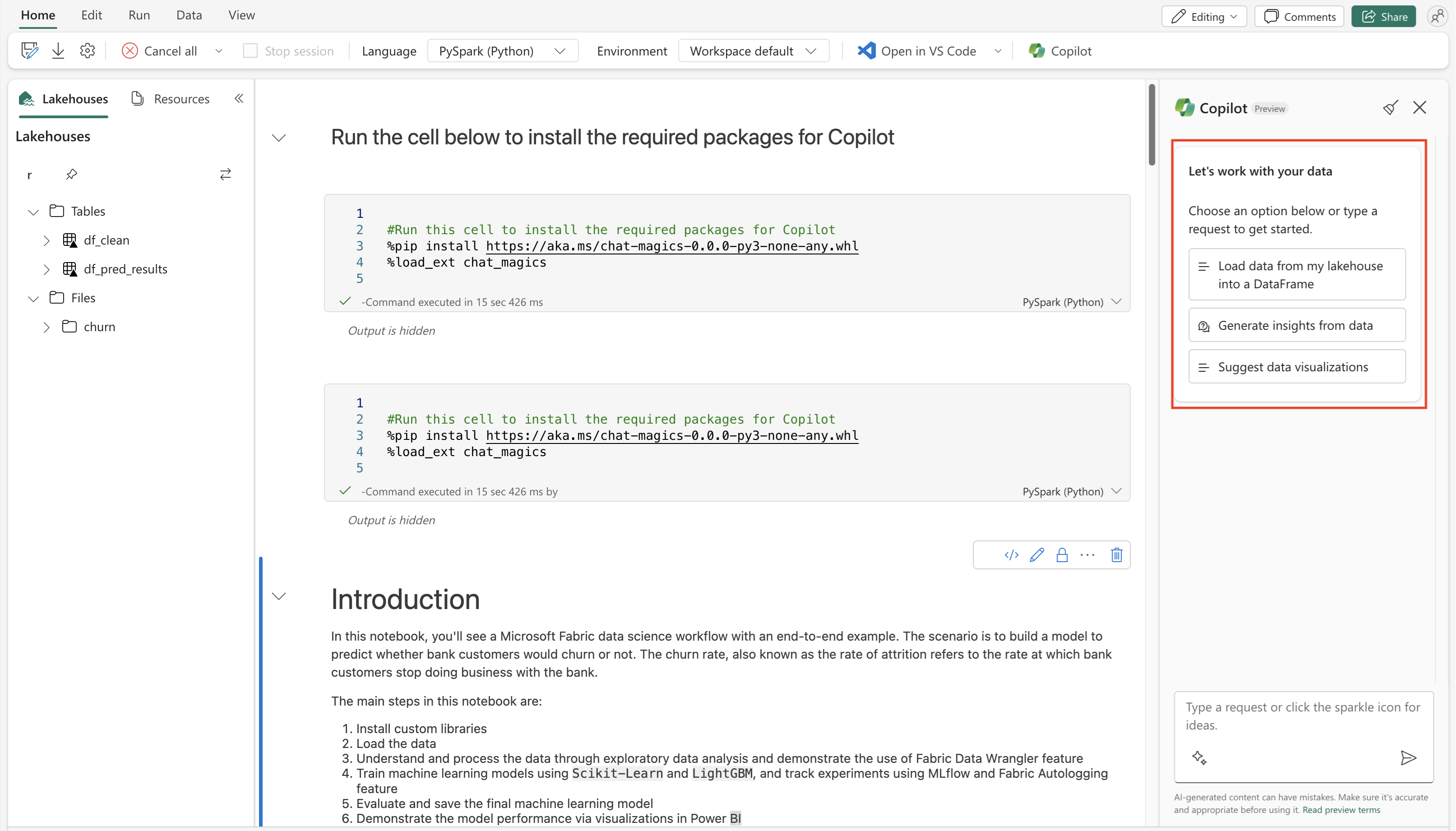 Screenshot showing the Copilot starting prompts.