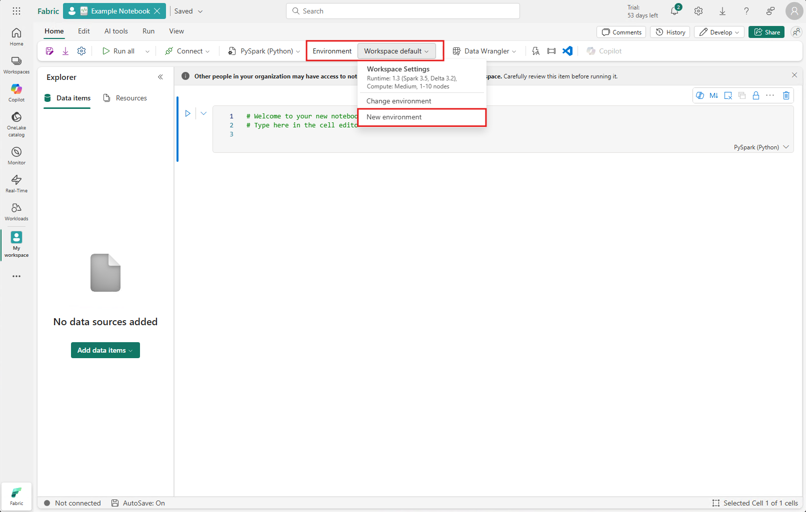 Screenshot that shows how to create a new environment during environment selection in a notebook.