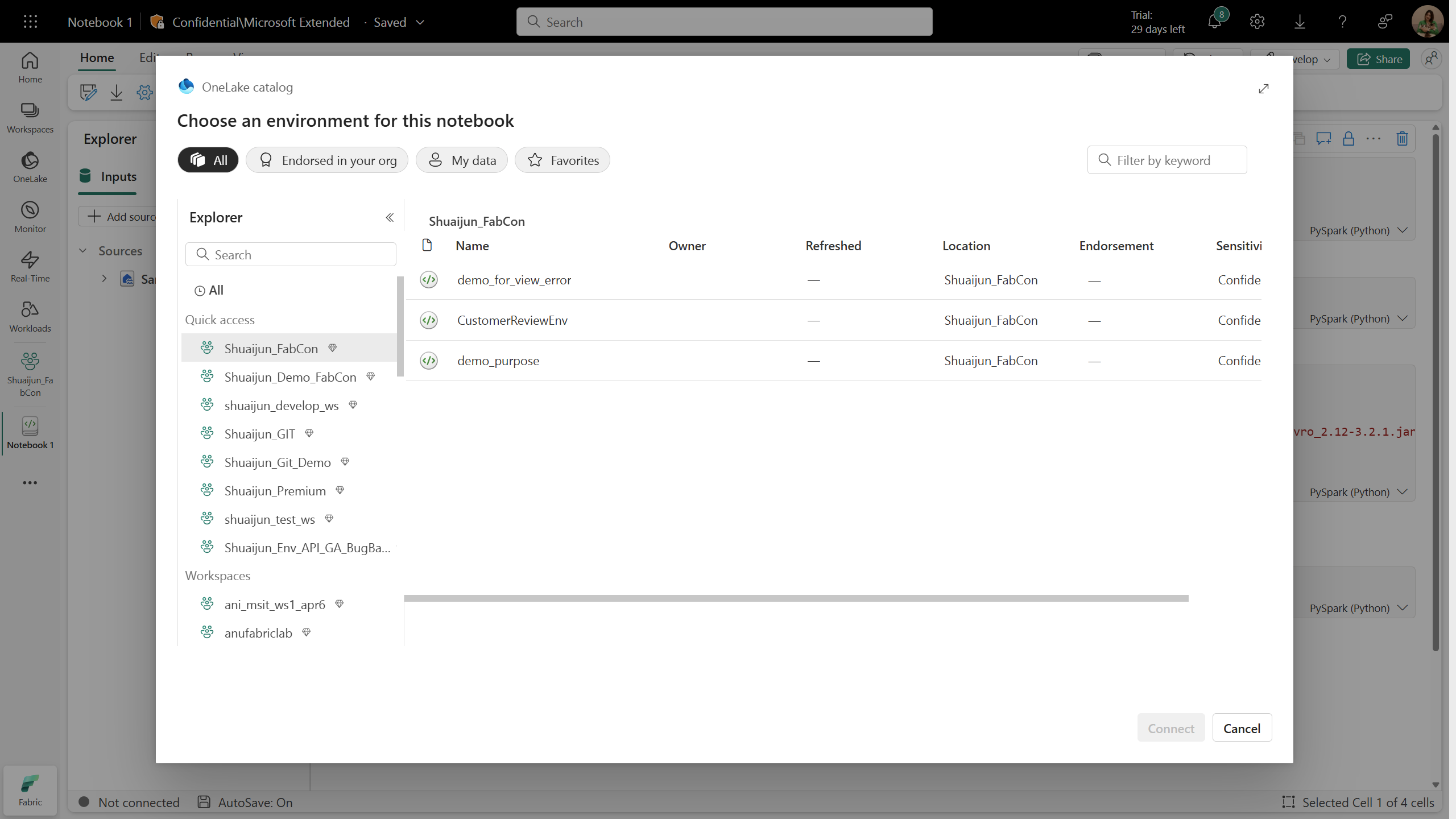 Screenshot that shows where to attach an environment in a notebook.