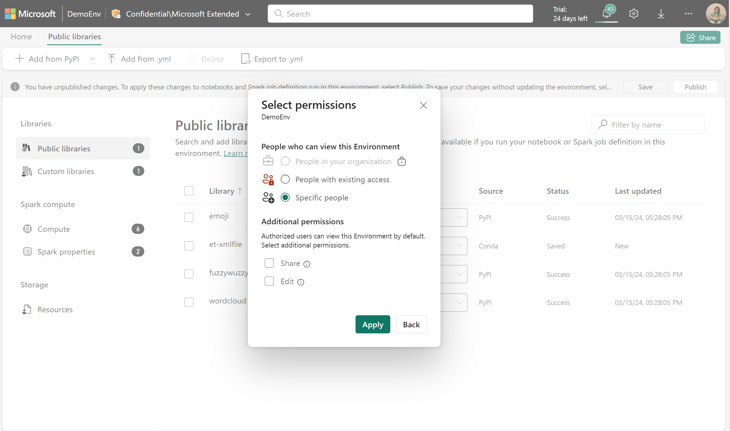 Screenshot that shows how to share an environment.