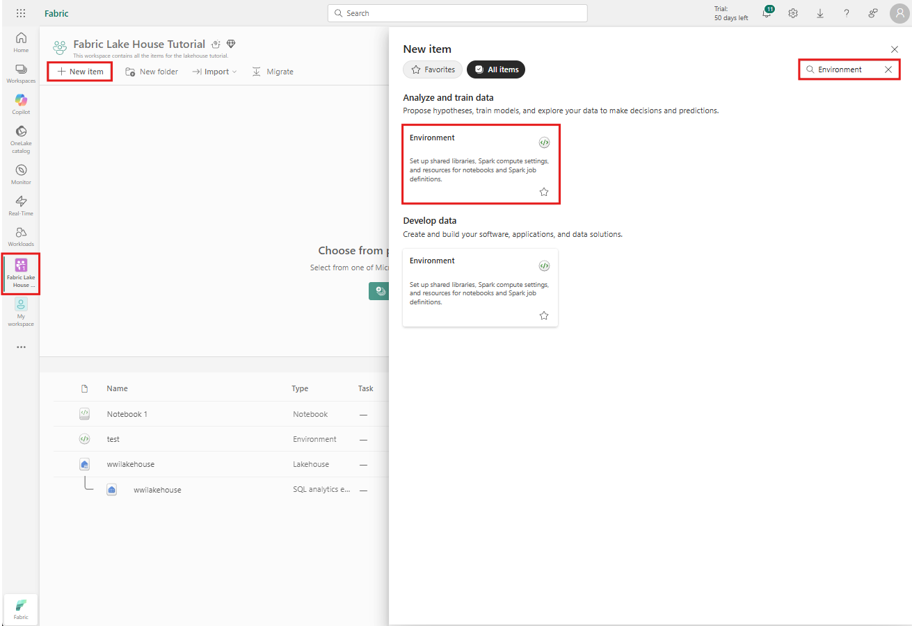 Screenshot showing how to create a new environment in the Fabric portal.