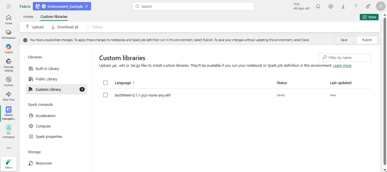 Screenshot that shows the environment Custom Libraries screen.