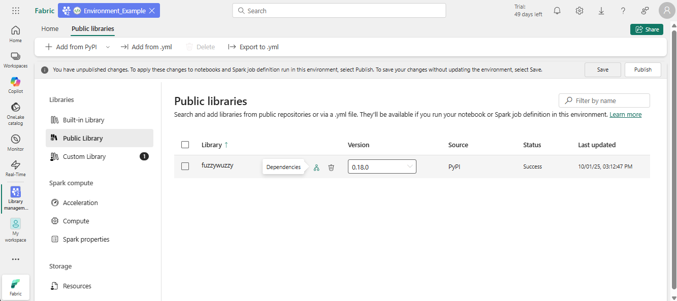 Screenshot that shows the environment Public Libraries screen.