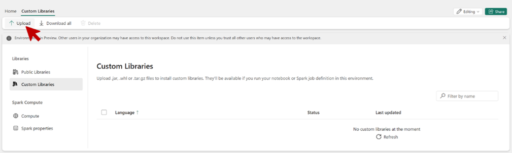 Screenshot that shows where to select Upload to install a custom library.