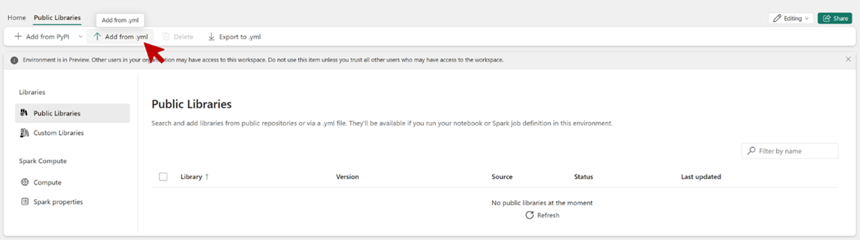 Screenshot that shows where to select Add from .yml to install a public library.