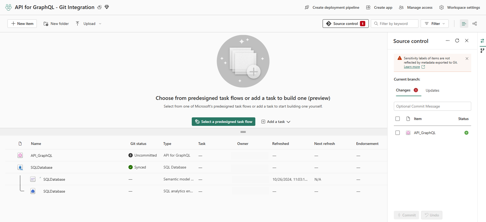 Screenshot of workspace and source control status.