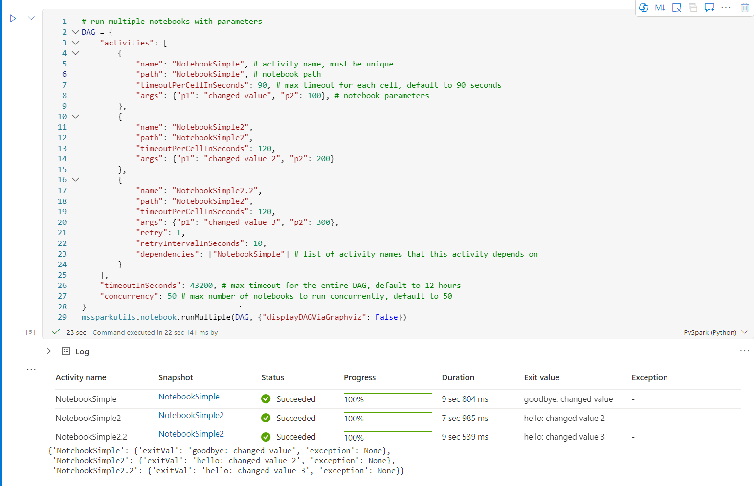 Screenshot of reference a list of notebooks with parameters.