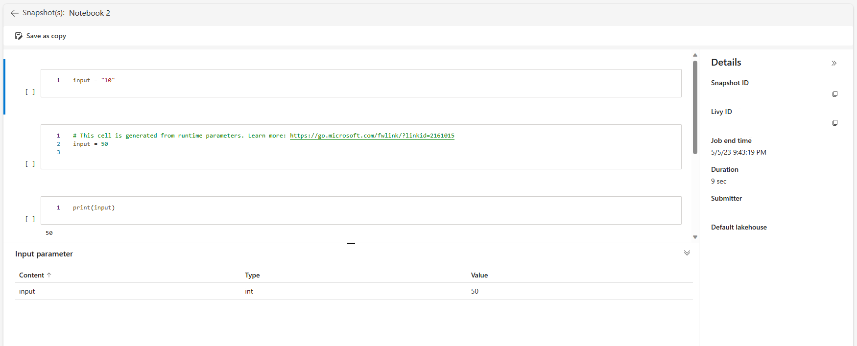 Screenshot of a snapshot with code run results.