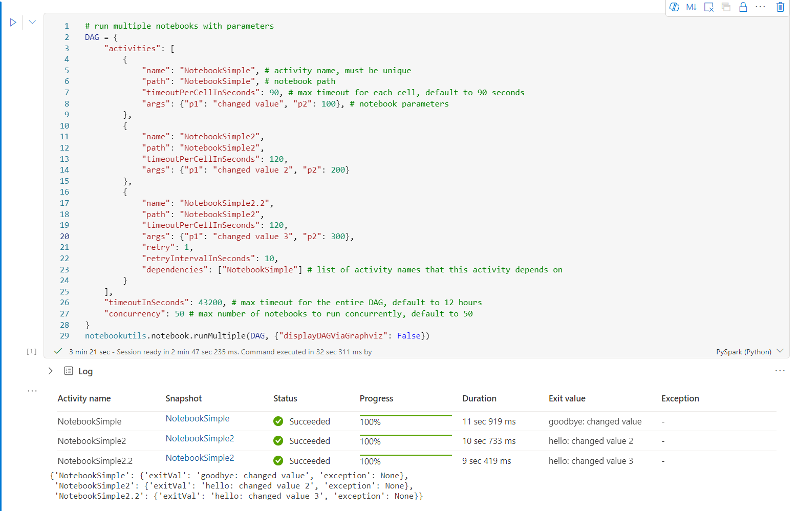 Screenshot of reference a list of notebooks with parameters.