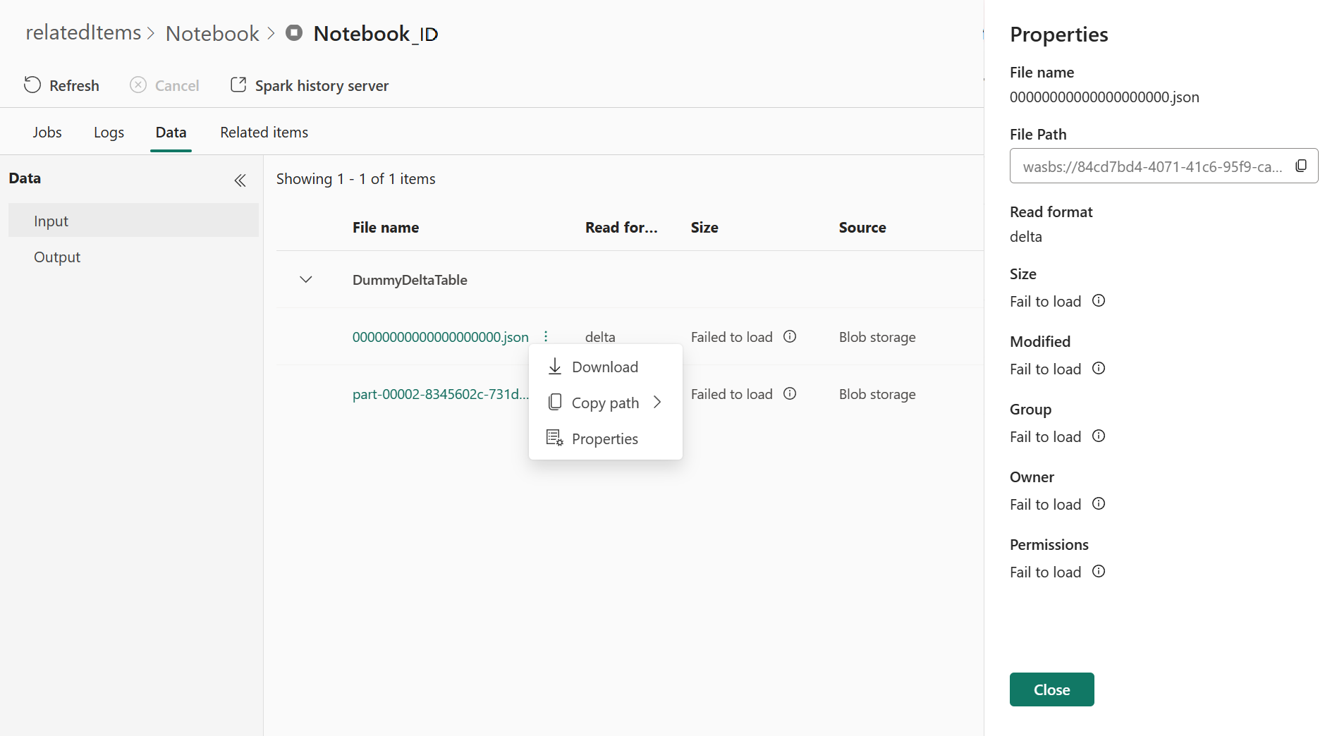 Screenshot showing the data for spark application.