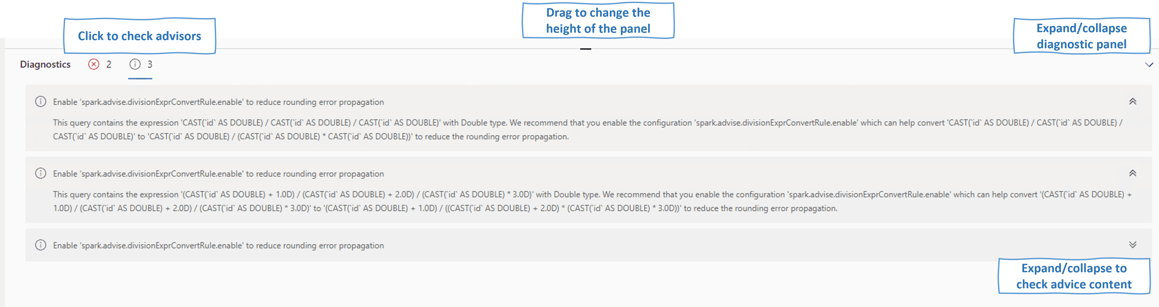 Screenshot showing the diagnostics for spark application.