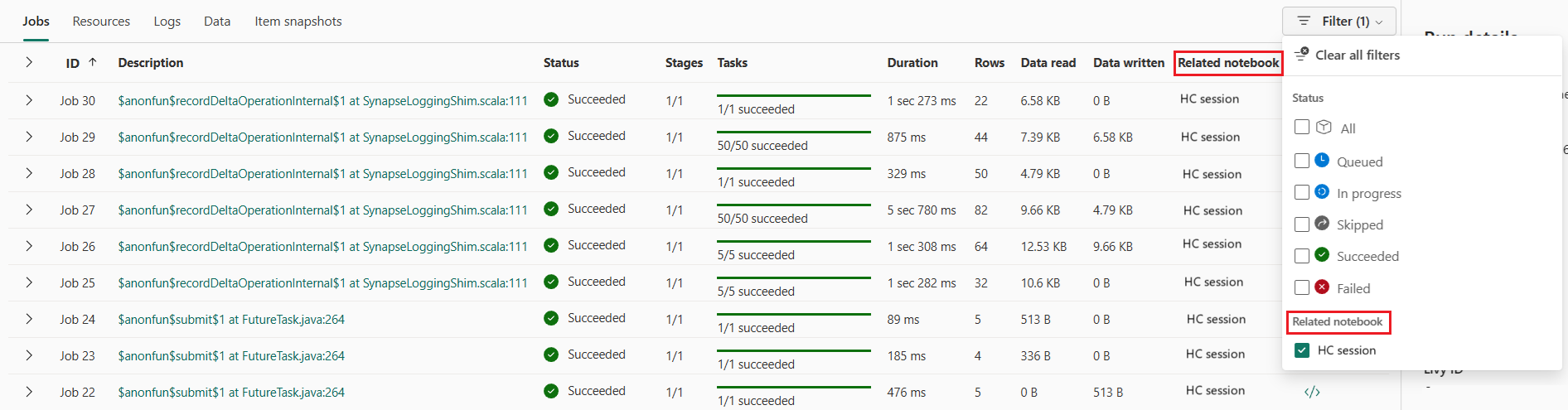 Screenshot showing high-concurrency Spark session.