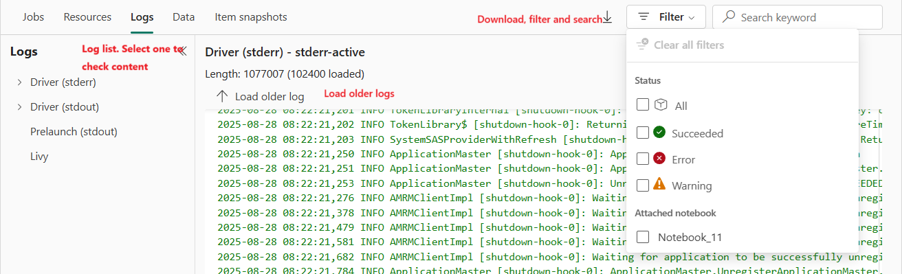 Screenshot showing the logs for spark application.