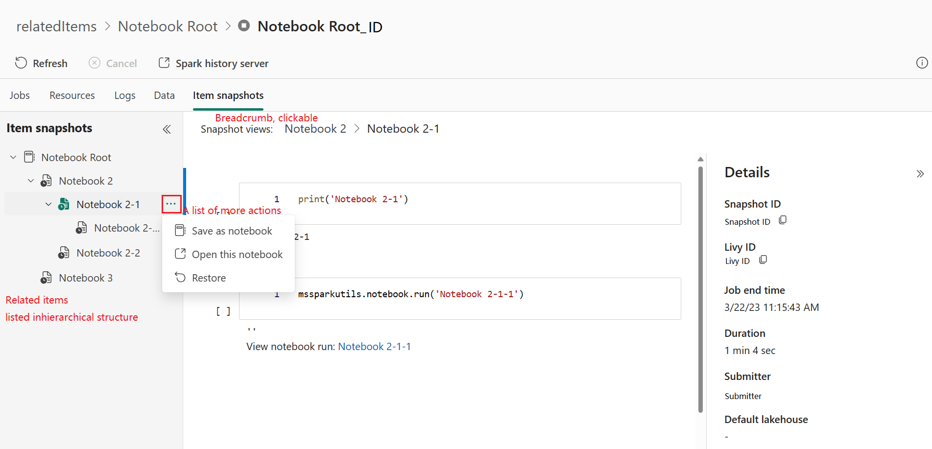 Screenshot showing the related items for spark application.