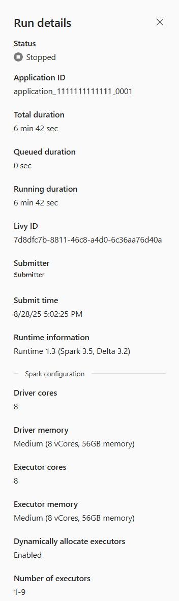 Screenshot showing the summary for spark application.