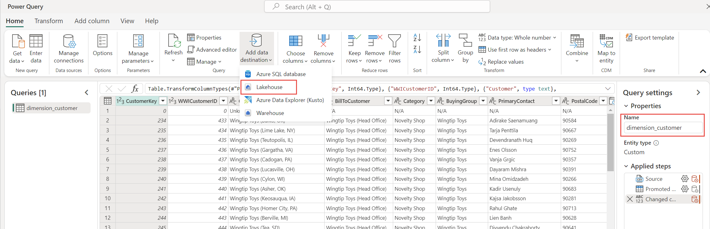 Screenshot of the query settings pane, showing where to enter the name and select the data destination.