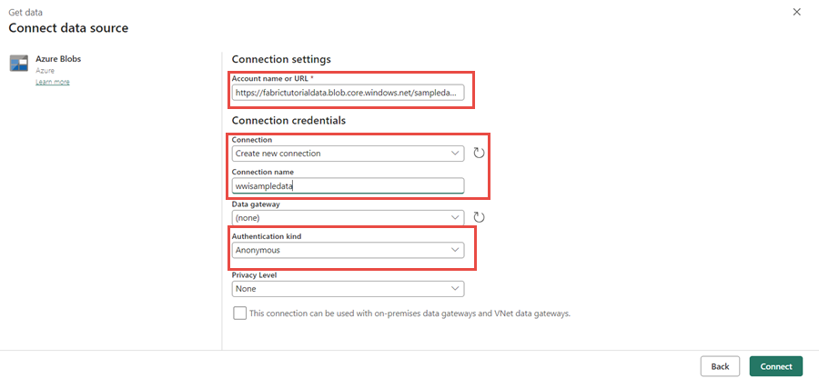 Screenshot showing where to select blob storage connection.