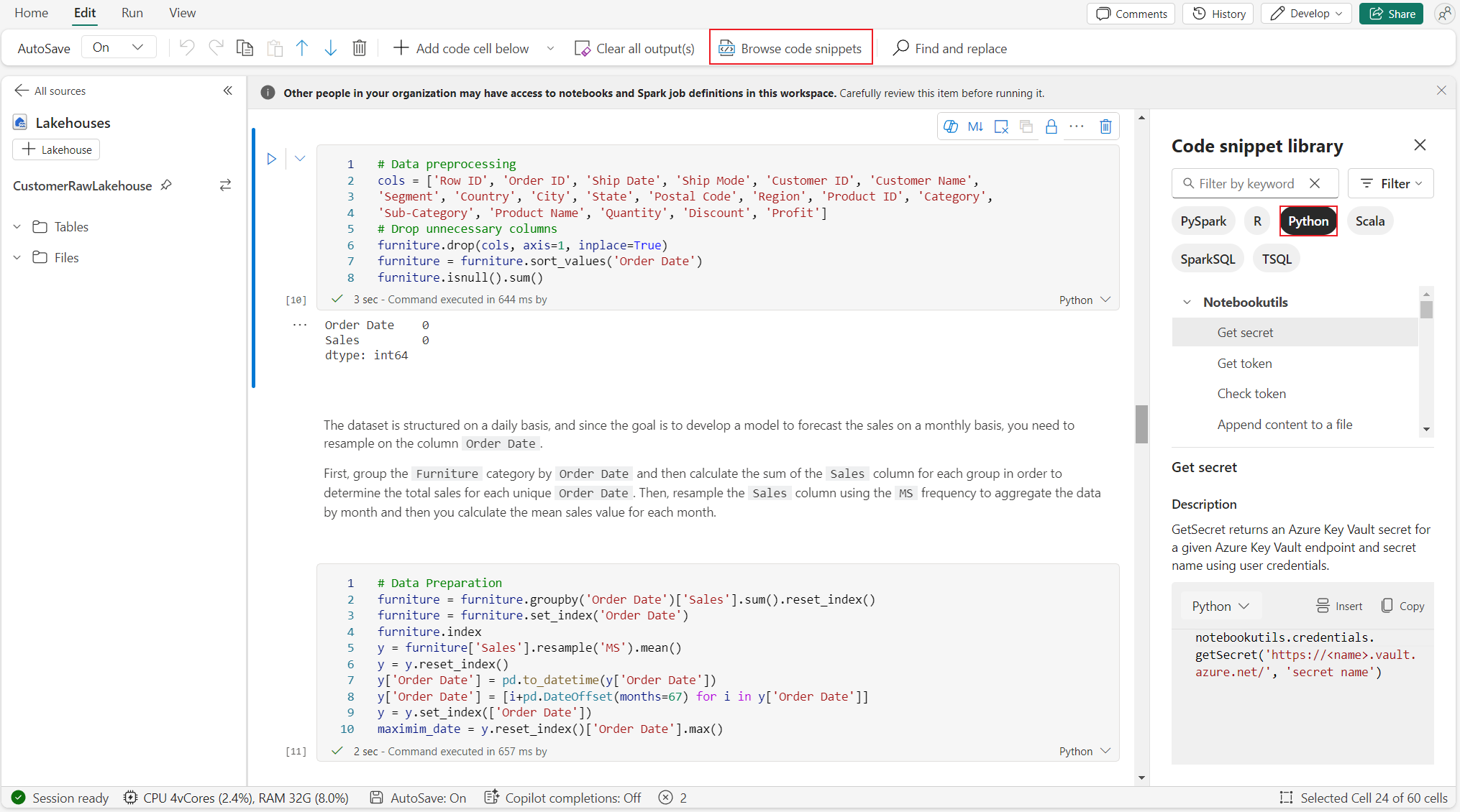 Screenshot showing where to browse python code snippets.