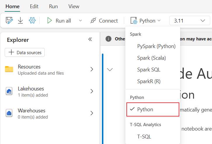 Screenshot showing switch to Python from notebook language menu.