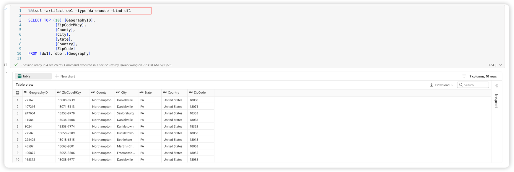 Screenshot showing tsql magic command with data warehouse.