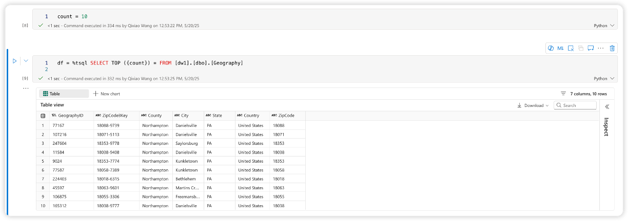 Screenshot showing tsql magic command with reference python variable.