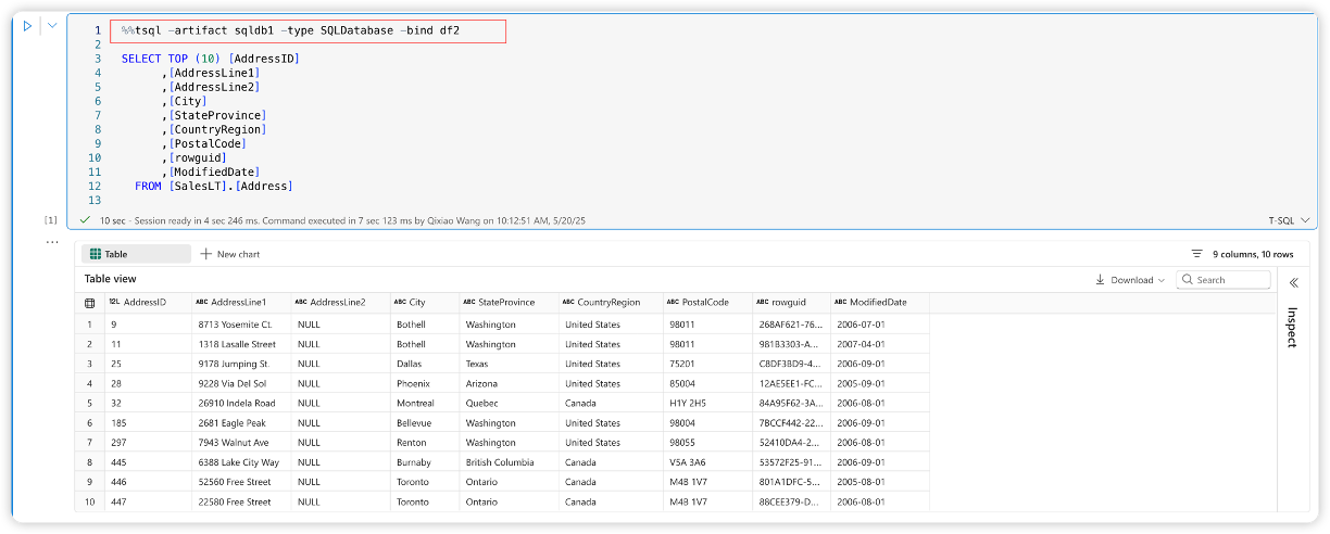 Screenshot showing tsql magic command with sql database.