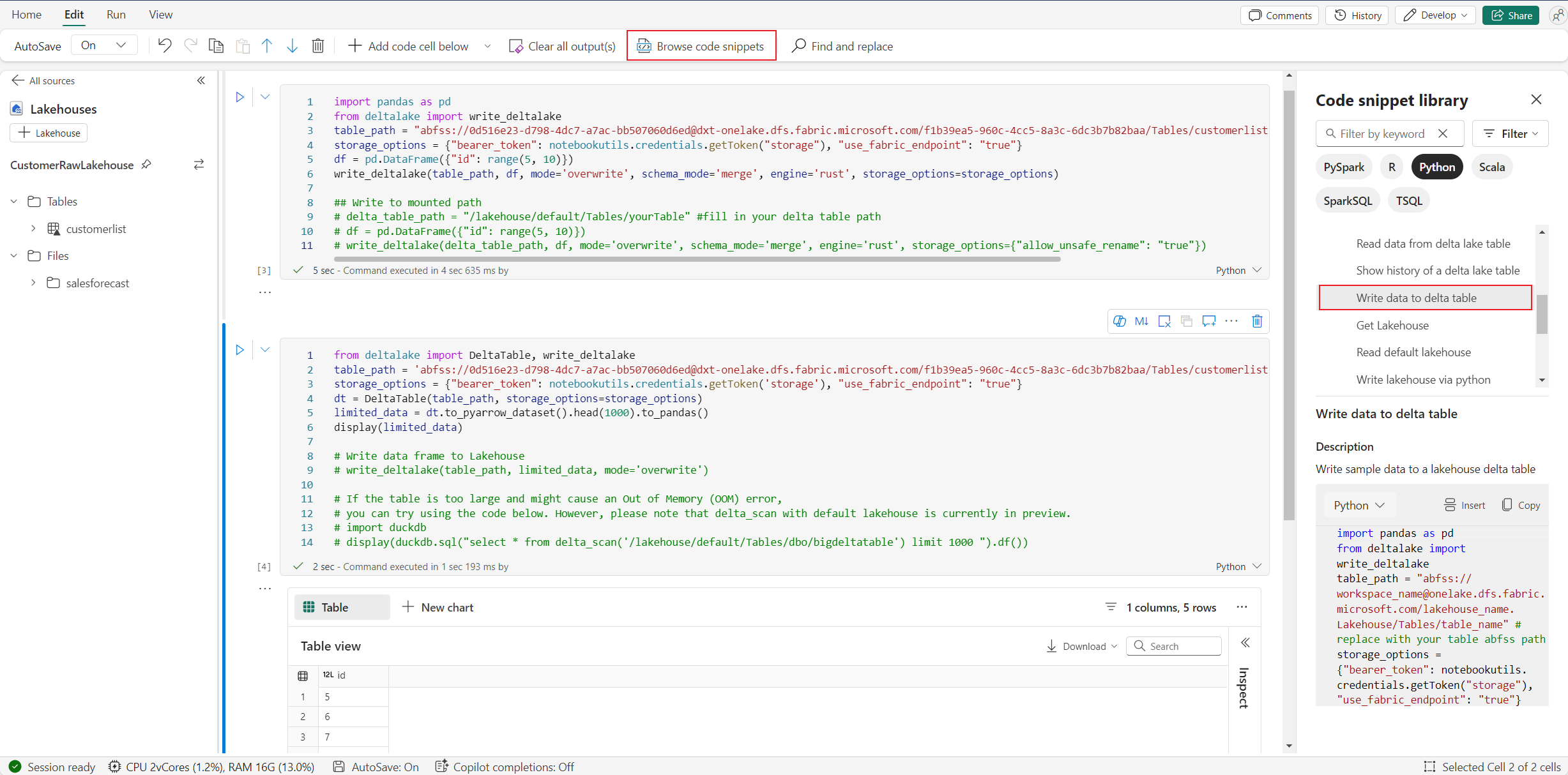 Screenshot showing write lakehouse operation.