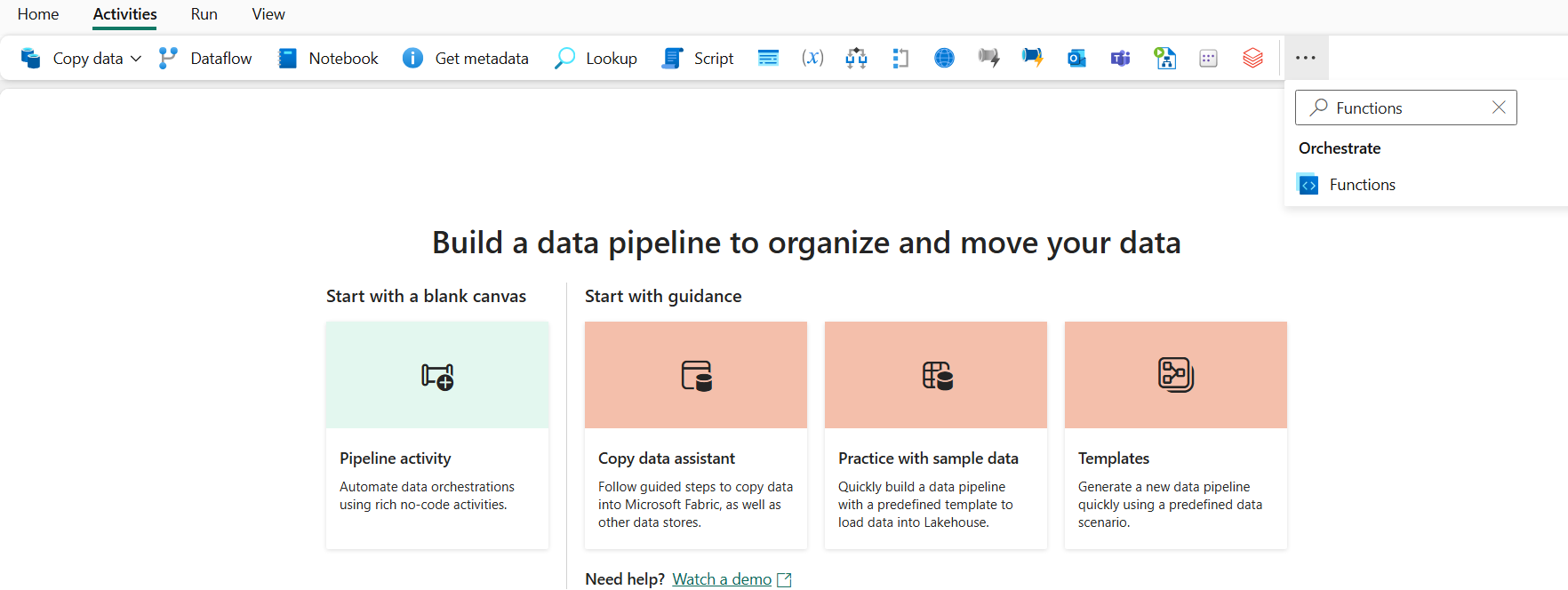 Screenshot showing how to find functions activity.